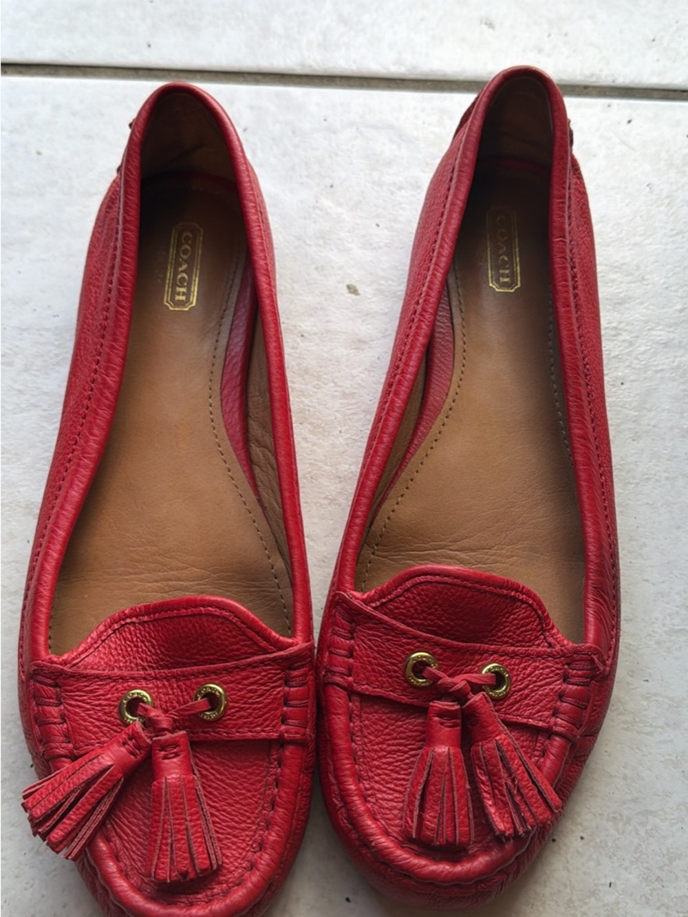 Coach Red Leather Tassel Moccasin Flats - Women's